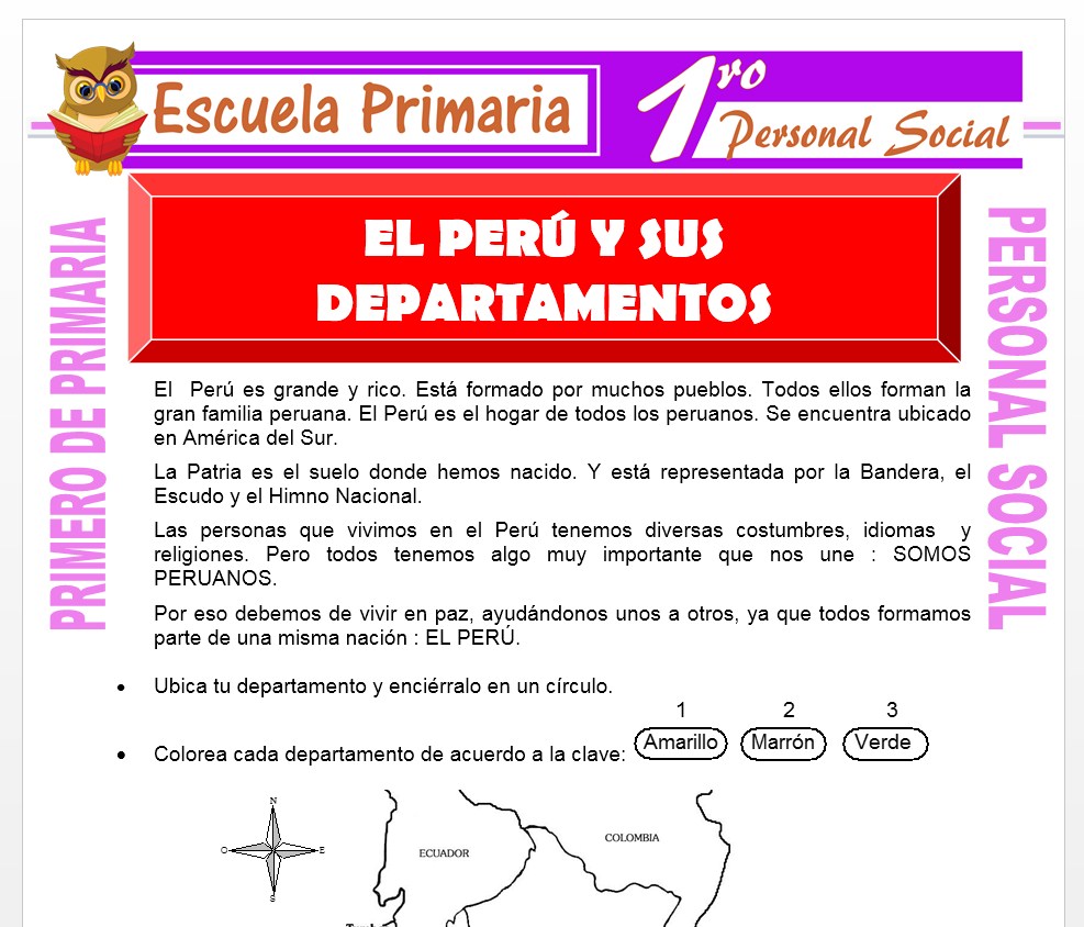 Ficha de El Perú y Sus Departamentos para Primero de Primaria