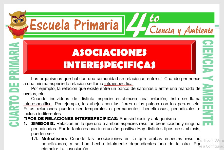 Ficha de Asociaciones Interespecificas para Cuarto de Primaria Ficha de Asociaciones Interespecificas para Cuarto de Primaria
