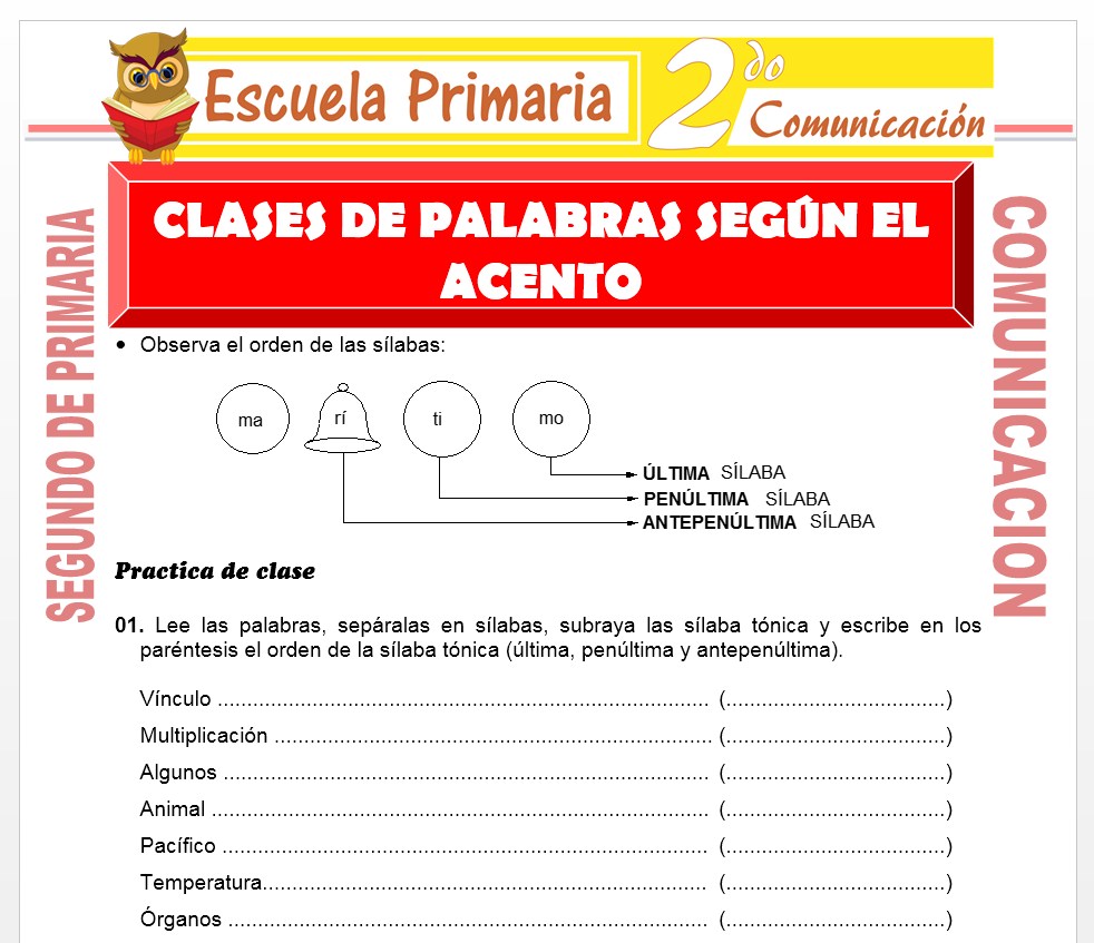 Ficha de Clase de Palabras para Segundo de Primaria Ficha de Clase de Palabras para Segundo de Primaria