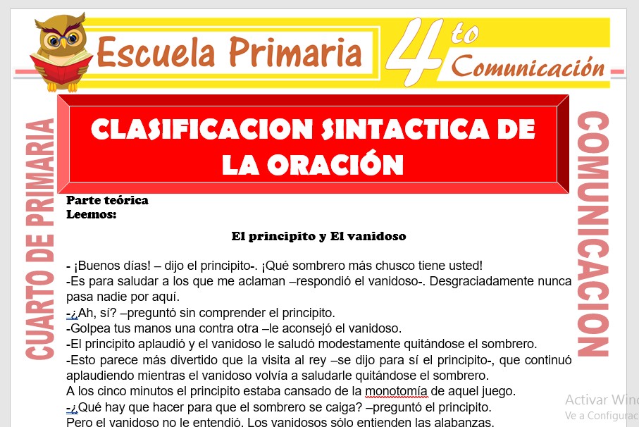 Ficha de Clasificación Sintactica de La Oración para Cuarto de Primaria