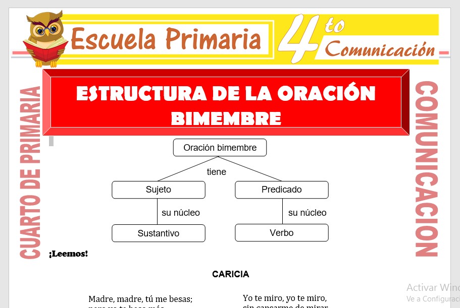 Ficha de Estructura de La Oración Bimembre para Cuarto de Primaria