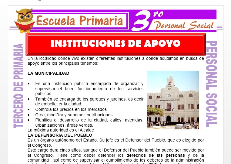 Ficha de Instituciones de Apoyo para Tercero de Primaria Ficha de Instituciones de Apoyo para Tercero de Primaria