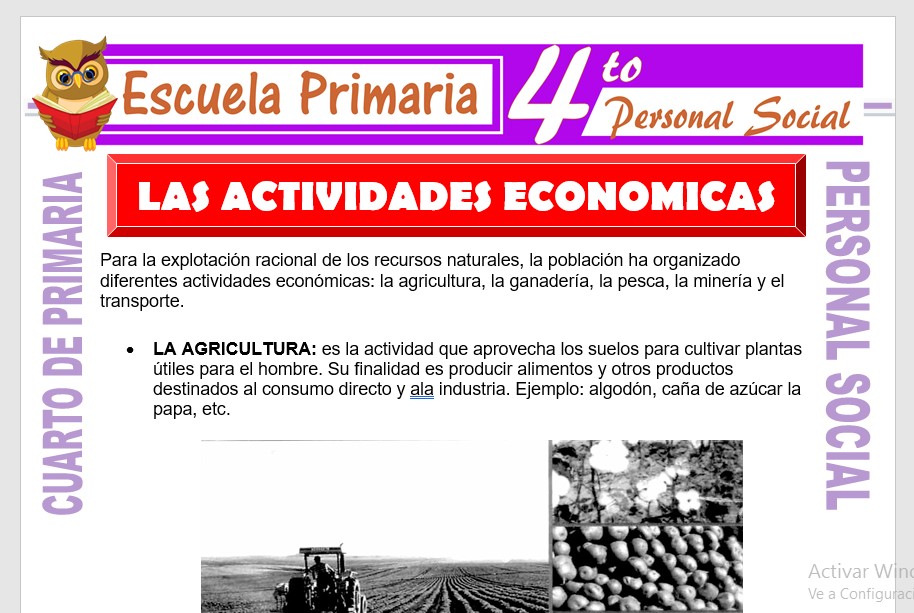 Ficha de Las Actividades Economicas para Cuarto de Primaria