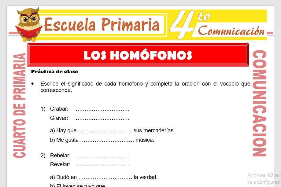 Ficha de Los Homófonos para Cuarto de Primaria Ficha de Los Homófonos para Cuarto de Primaria