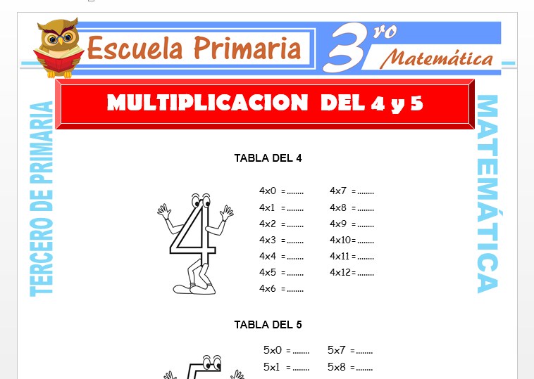 Ficha de Multiplicación del 4 y 5 para Tercero de Primaria