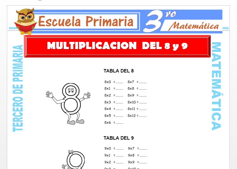 Ficha de Multiplicación del 8 y 9 para Tercero de Primaria