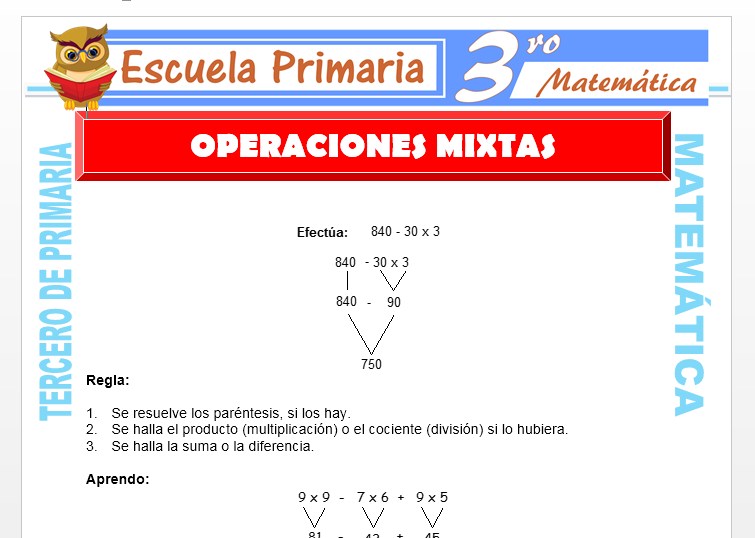 Ficha de Operaciones Mixtas para Tercero de Primaria
