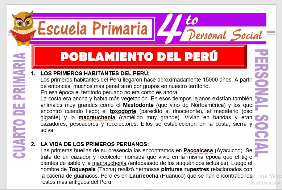 Ficha de Poblamiento del Perú para Cuarto de Primaria