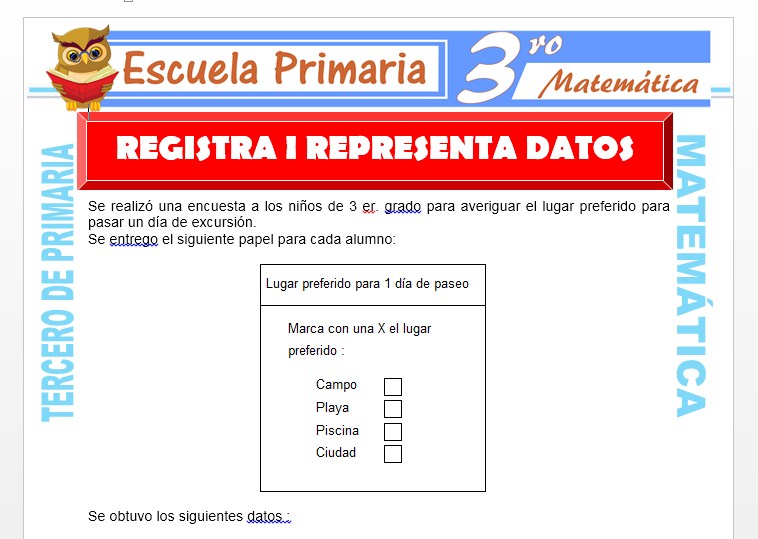 Ficha de Registra y Representa Datos para Tercero de Primaria