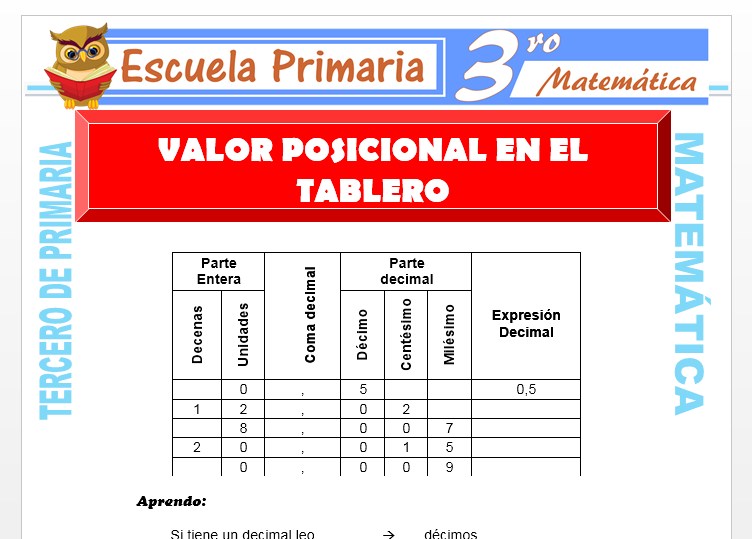 Ficha de Valor posicional en el tablero para Tercero de Primaria