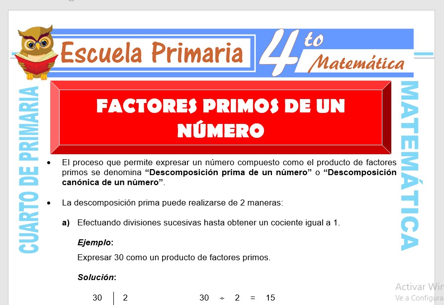 Ficha de Factores Primos de un Número para Cuarto de Primaria