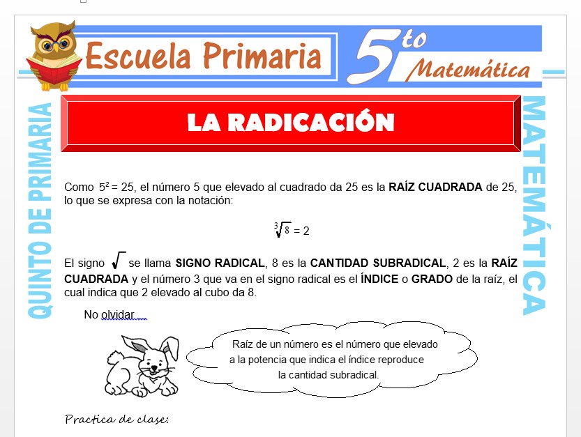 Modelo de la Ficha de La Radicación para Quinto de Primaria Modelo de la Ficha de La Radicación para Quinto de Primaria