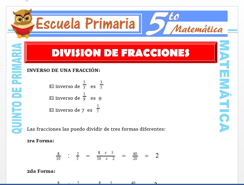Modelo de la Ficha de Operaciones de División con Fracciones para Quinto de Primaria