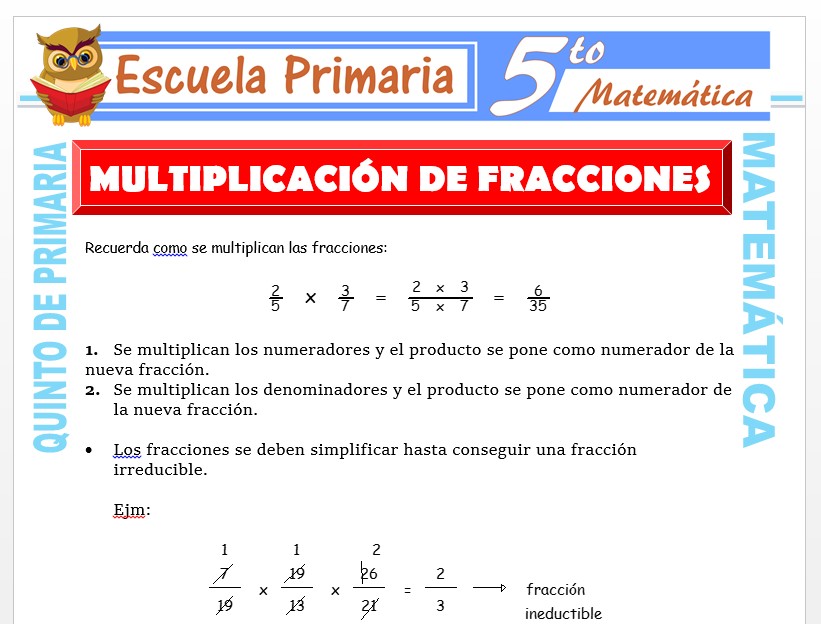 Modelo de la Ficha de Operaciones de Multiplicación con Fracciones para Quinto de Primaria