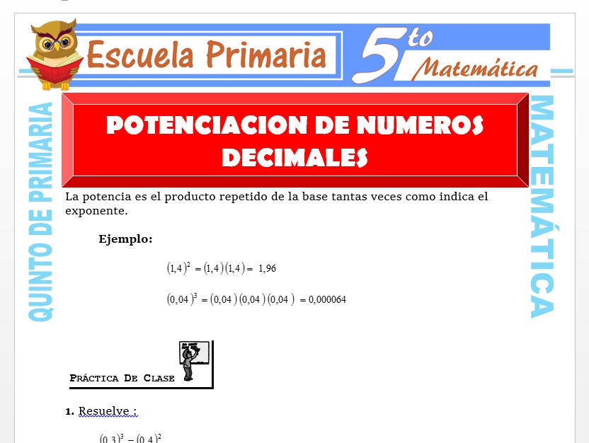 Modelo de la Ficha de Potenciación de Números Decimales para Quinto de Primaria Modelo de la Ficha de Potenciación de Números Decimales para Quinto de Primaria