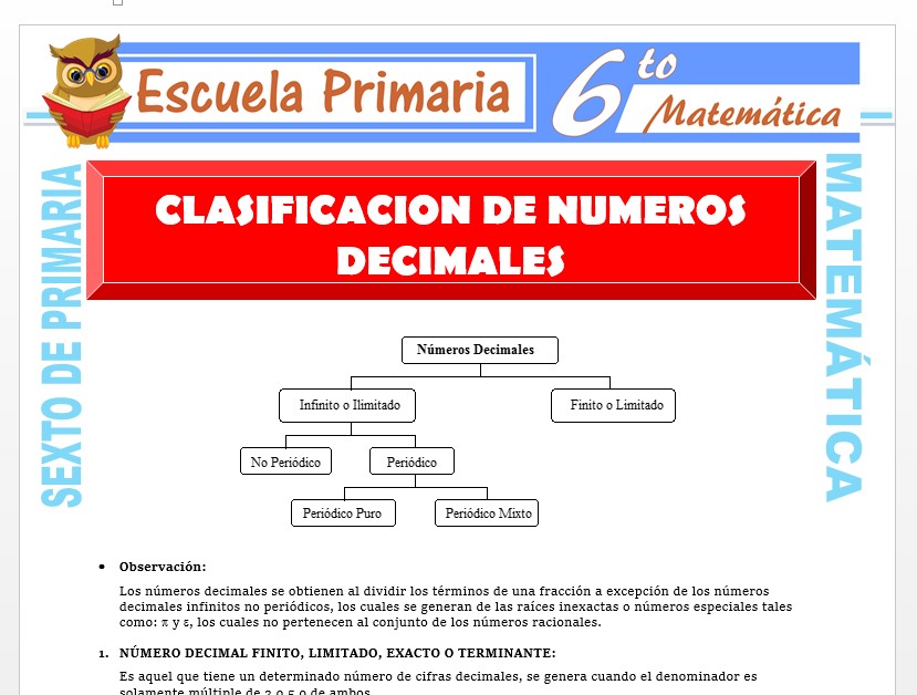 Modelo de la Ficha de Clasificación de Números Decimales para Sexto de Primaria