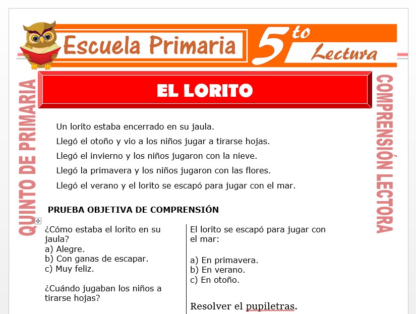 Modelo de la Ficha de El Lorito para Quinto de Primaria