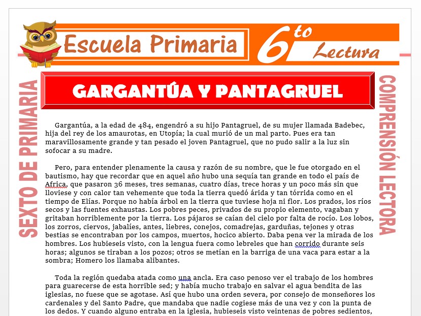 Modelo de la Ficha de Gargantua y Pantagruel para Sexto de Primaria Modelo de la Ficha de Gargantua y Pantagruel para Sexto de Primaria