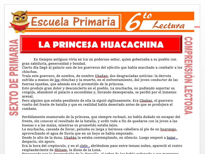 Modelo de la Ficha de La Princesa Huacachina para Sexto de Primaria